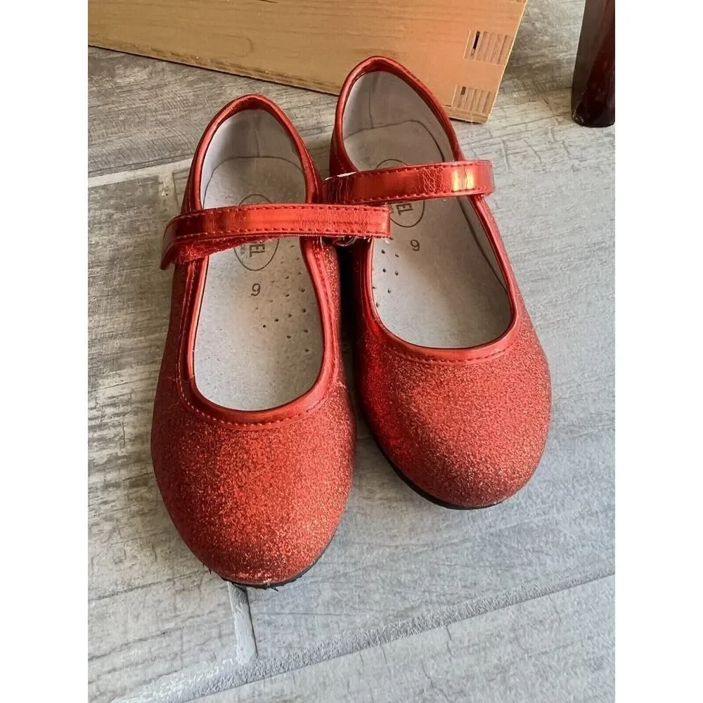 Angel Girls Glitter Mary Jane Red Leather Lining Dorothy Ruby Slippers Holiday 9